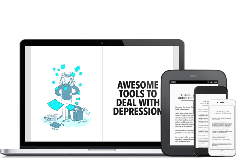 eBook Devices - Laptop, Tablet, Kindle, showing The No-Bullshit Guide to Depression